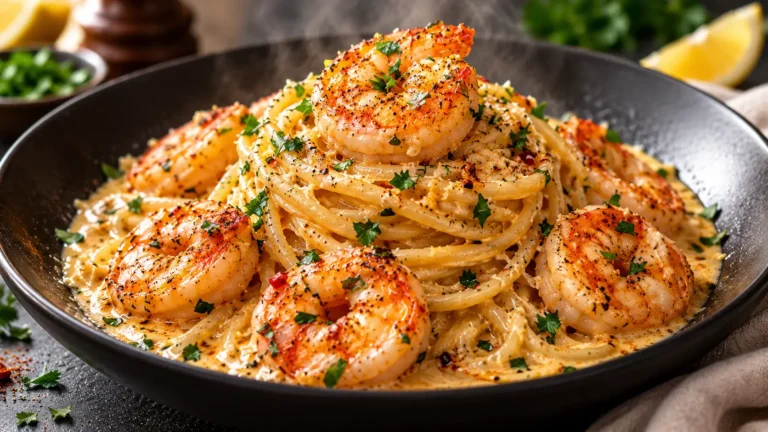 Creamy Cajun Shrimp Spaghetti with juicy seared shrimp, Parmesan cream sauce, parsley, and lemon.