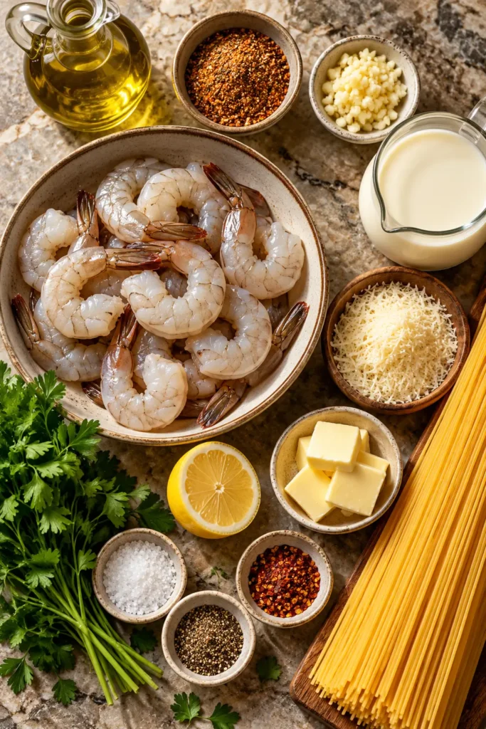 Ingredients for Creamy Cajun Shrimp Spaghetti including shrimp, spaghetti, cream, Parmesan, Cajun seasoning, garlic, lemon, and parsley.