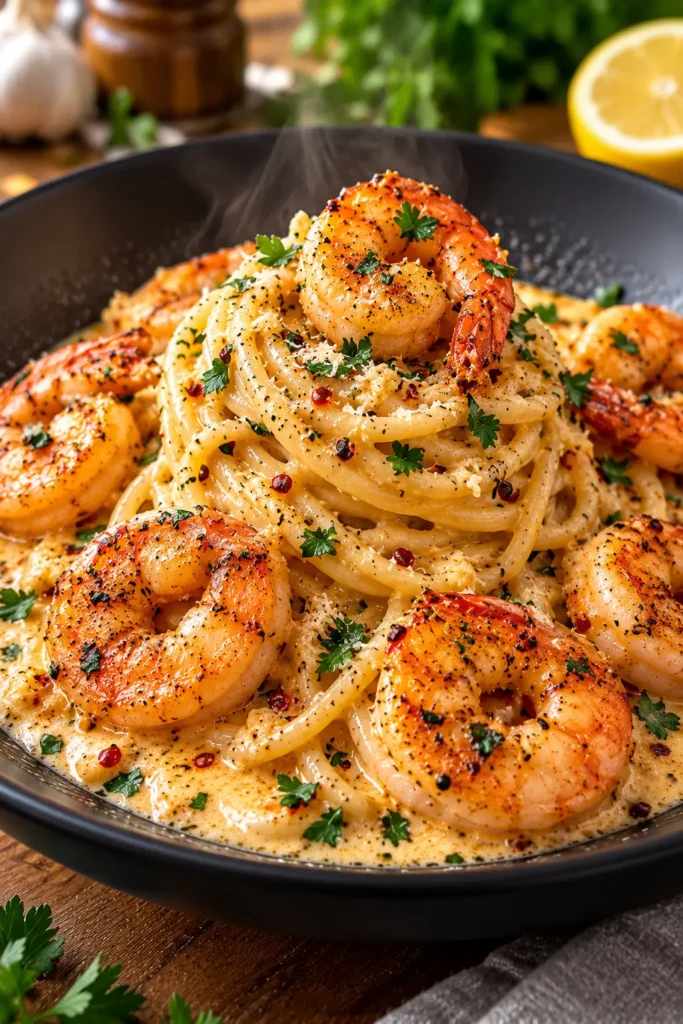 Plated Creamy Cajun Shrimp Spaghetti coated in glossy Parmesan sauce with Cajun shrimp and parsley.