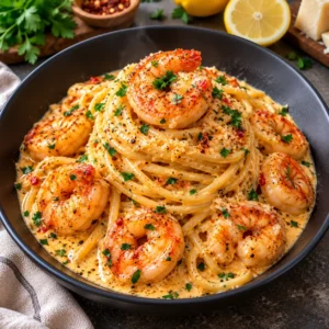 Creamy Cajun Shrimp Spaghetti recipe with tender shrimp, creamy Parmesan sauce, parsley, and lemon.