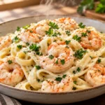 Creamy Garlic Shrimp Fettuccine Alfredo with juicy shrimp, Parmesan cream sauce, parsley, and black pepper.