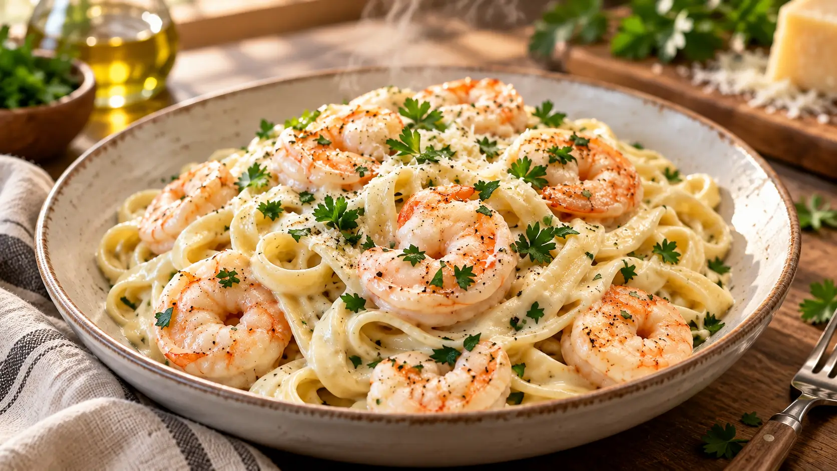Creamy Garlic Shrimp Fettuccine Alfredo with juicy shrimp, Parmesan cream sauce, parsley, and black pepper.