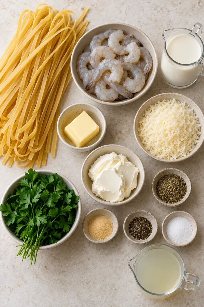 Ingredients for Creamy Garlic Shrimp Fettuccine Alfredo arranged on a kitchen surface.