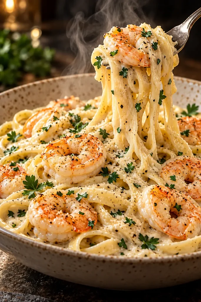 Plated Creamy Garlic Shrimp Fettuccine Alfredo with glossy Parmesan sauce and tender shrimp.