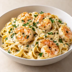 Creamy Garlic Shrimp Fettuccine Alfredo served in a bowl with parsley and Parmesan cream sauce.
