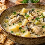 Creamy oyster stew with fresh oysters, tender potatoes, celery, parsley, and buttery milk broth.