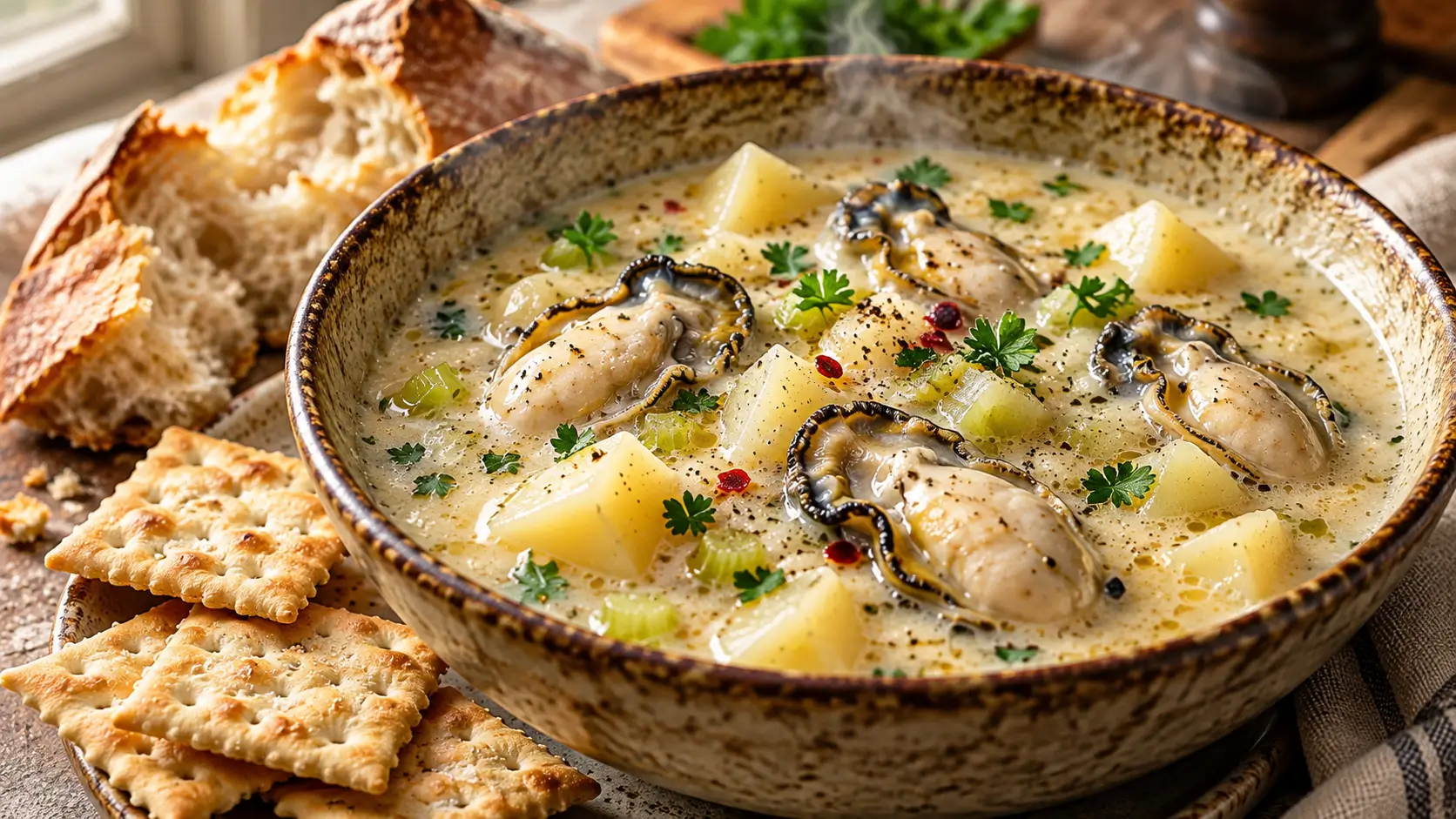 Creamy oyster stew with fresh oysters, tender potatoes, celery, parsley, and buttery milk broth.