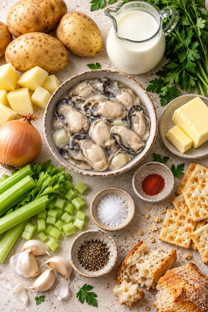 Ingredients for creamy oyster stew including fresh oysters, potatoes, celery, milk, butter, onion, garlic, and parsley.