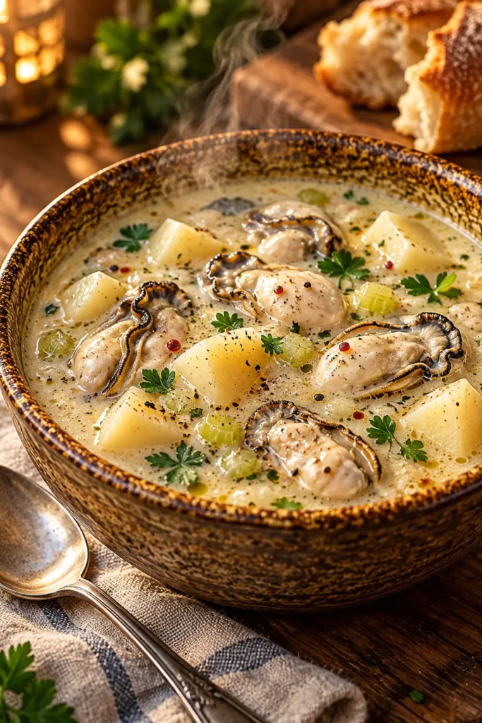 Plated creamy oyster stew with plump cooked oysters and potatoes in a glossy buttery broth.