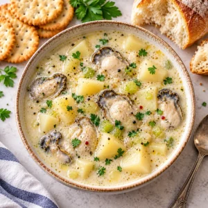 Overhead view of creamy oyster stew with oysters, potatoes, celery, parsley, crackers, and crusty bread.