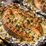 Creamy seafood foil packs with garlic herb salmon steaks covered in Parmesan cream sauce.