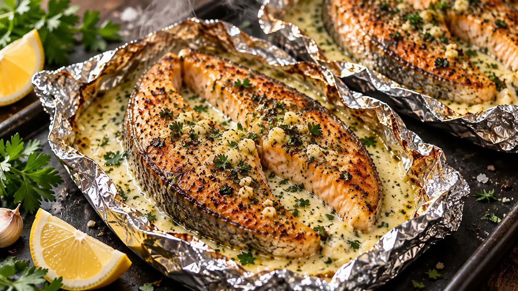Creamy seafood foil packs with garlic herb salmon steaks covered in Parmesan cream sauce.