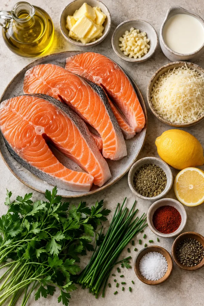 Ingredients for creamy seafood foil packs including salmon, cream, Parmesan, garlic, lemon, and herbs.