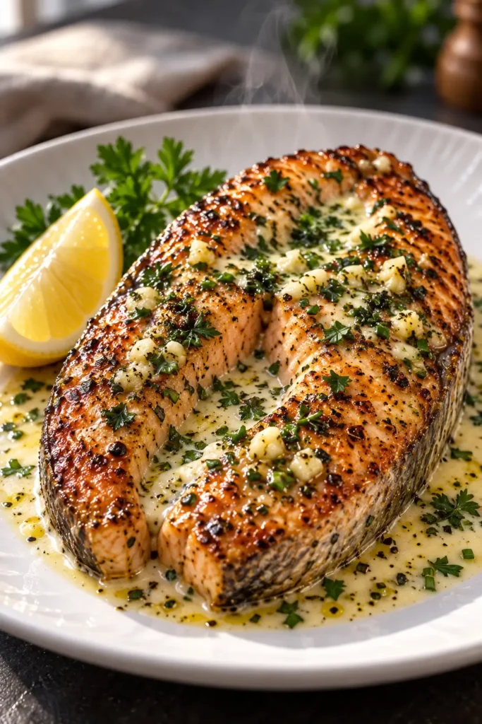 Plated creamy garlic herb salmon steak with Parmesan sauce and fresh lemon.