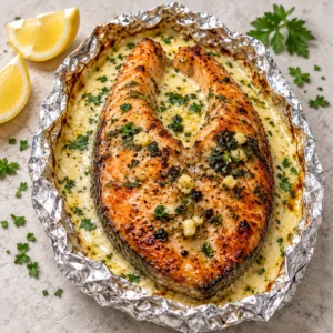 Creamy seafood foil pack with garlic herb salmon, lemon, Parmesan sauce, and parsley.