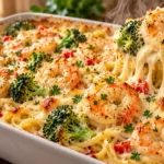 Creamy Shrimp and Broccoli Alfredo Pasta Bake with juicy shrimp, broccoli, pasta, and golden melted cheese.
