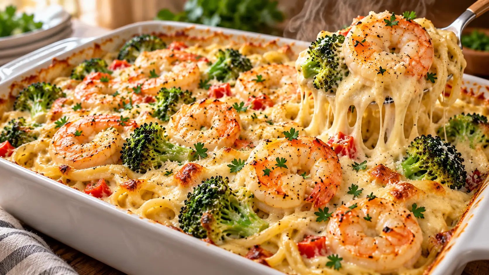 Creamy Shrimp and Broccoli Alfredo Pasta Bake with juicy shrimp, broccoli, pasta, and golden melted cheese.