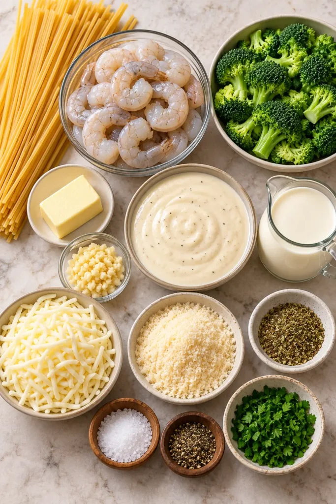 Ingredients for Creamy Shrimp and Broccoli Alfredo Pasta Bake arranged on a bright kitchen surface.