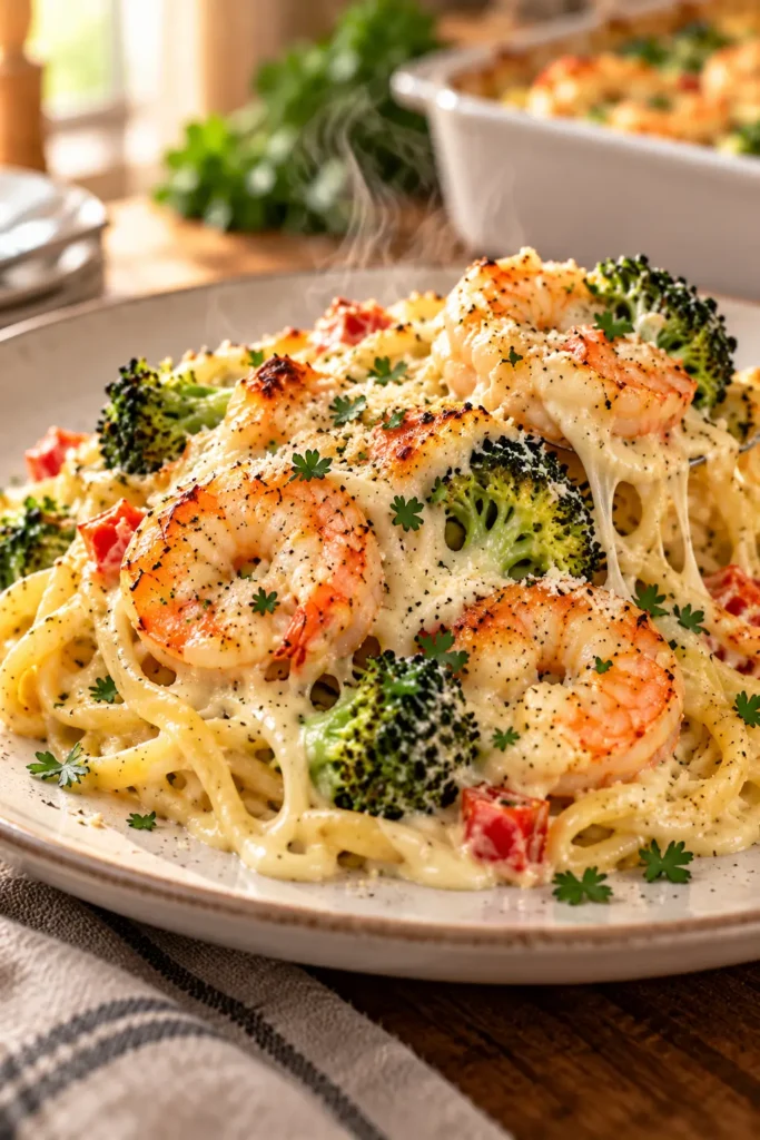 Plated Creamy Shrimp and Broccoli Alfredo Pasta Bake with glossy sauce and melted cheese.