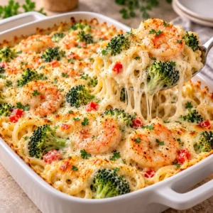 Creamy Shrimp and Broccoli Alfredo Pasta Bake served from a baking dish with melted cheese.