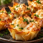 Crispy Crab and Shrimp Seafood Poppers with golden wonton shells and creamy melted seafood filling.