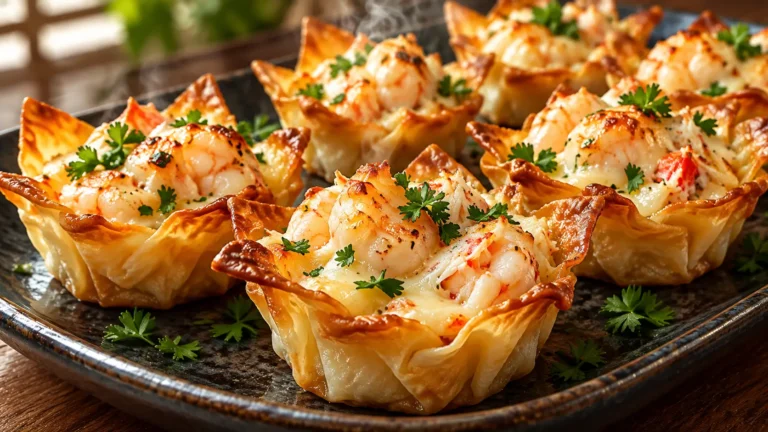 Crispy Crab and Shrimp Seafood Poppers with golden wonton shells and creamy melted seafood filling.
