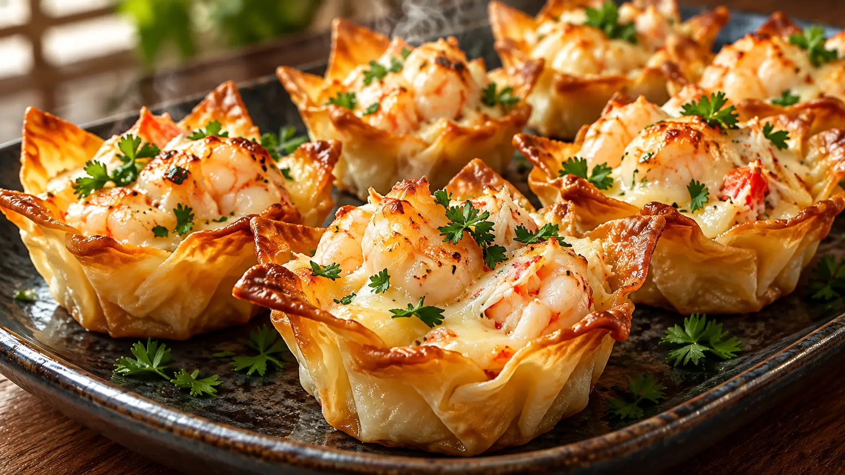 Crispy Crab and Shrimp Seafood Poppers with golden wonton shells and creamy melted seafood filling.