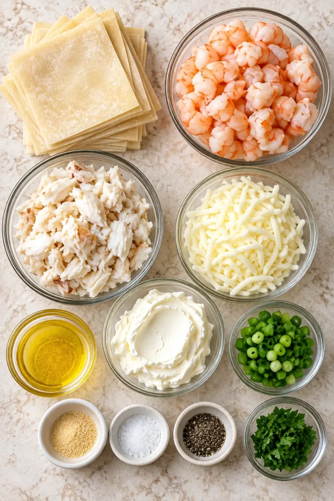 Ingredients for Crispy Crab and Shrimp Seafood Poppers arranged for preparation.