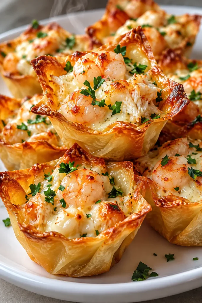 Plated Crispy Crab and Shrimp Seafood Poppers with melted cheese and parsley.
