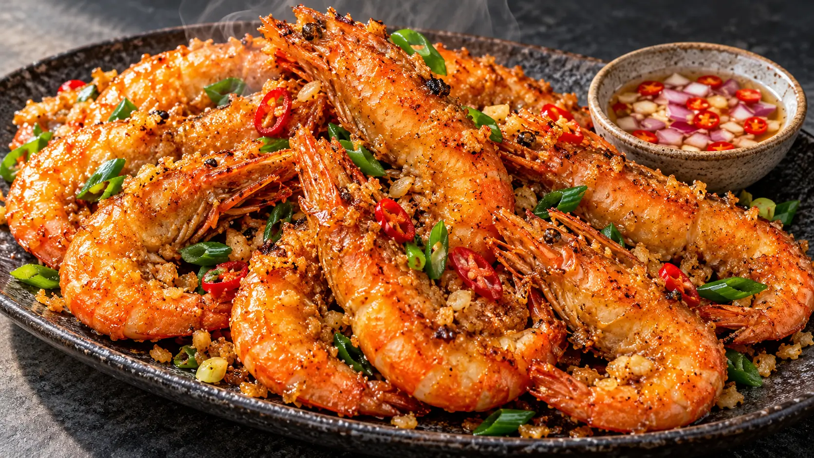 Crispy garlic fried shrimp with golden shell-on shrimp, toasted garlic butter, green onions, and a tangy suka dipping sauce.