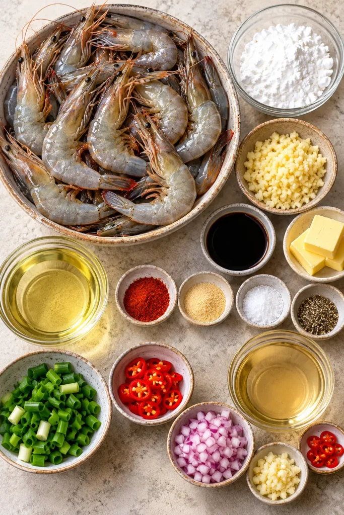 Ingredients for crispy garlic fried shrimp including shell-on shrimp, cornstarch, garlic, butter, soy sauce, seasonings, and vinegar dip ingredients.