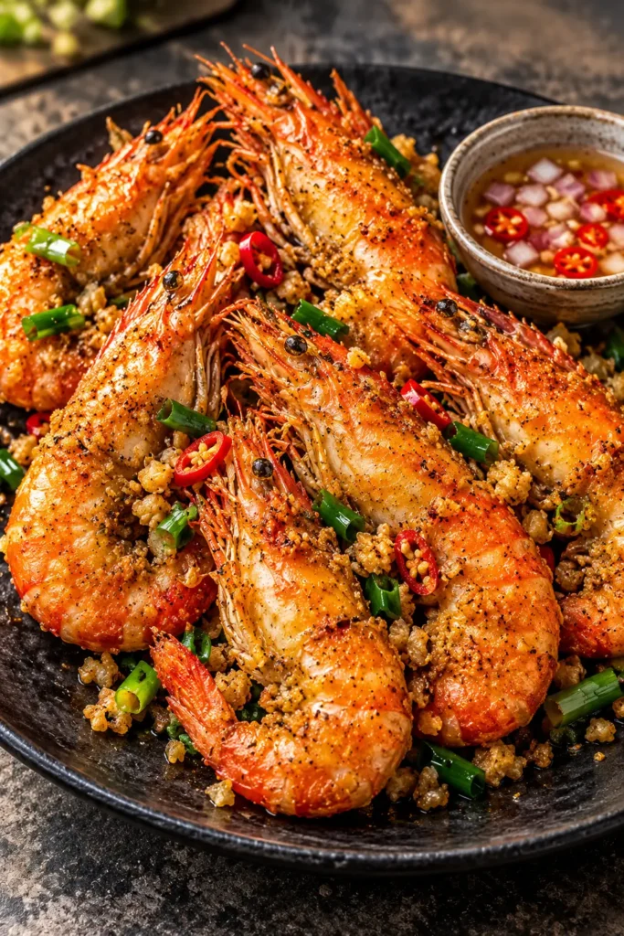 Plated crispy garlic fried shrimp coated in golden garlic butter with green onions and spicy vinegar dipping sauce.