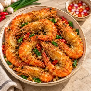 Crispy garlic fried shrimp recipe card image showing golden shell-on shrimp with toasted garlic and suka dipping sauce.