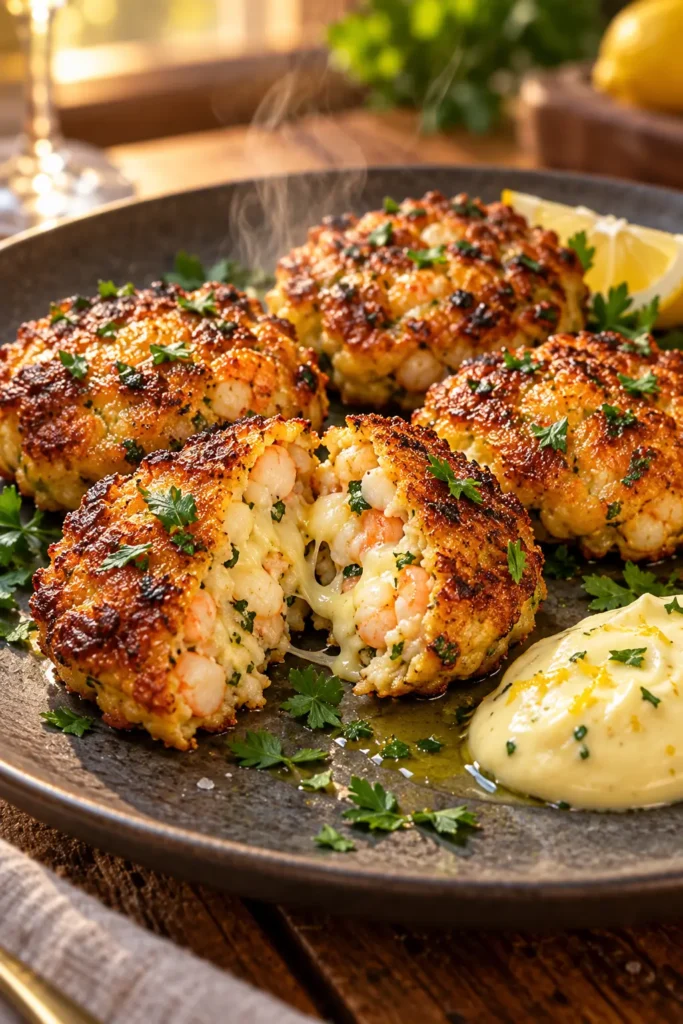 Plated Shrimp Cakes with Lemon Aioli showing a tender shrimp and mozzarella center.