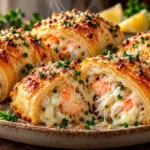 Flaky shrimp and crab cheese rolls with golden puff pastry and creamy seafood filling.
