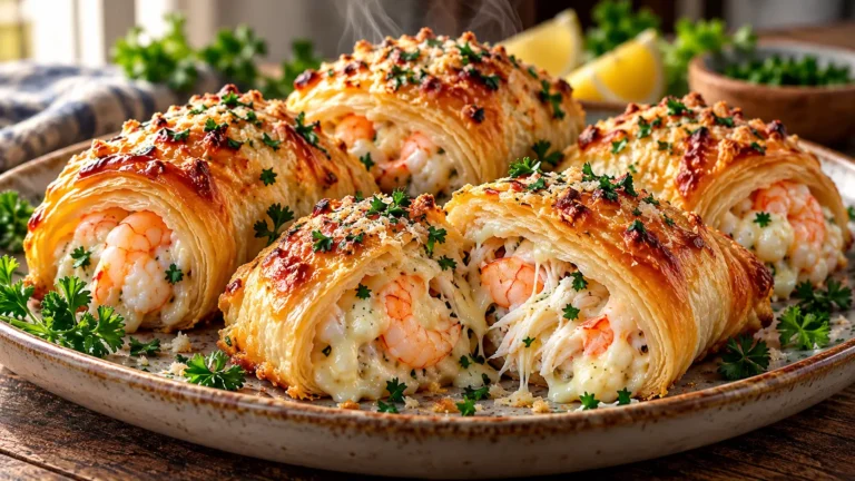 Flaky shrimp and crab cheese rolls with golden puff pastry and creamy seafood filling.