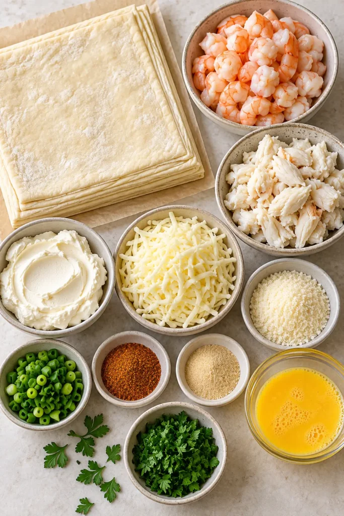 Ingredients for flaky shrimp and crab cheese rolls arranged on a kitchen surface.