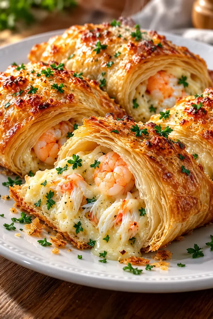 Plated flaky shrimp and crab cheese rolls showing the creamy seafood center.