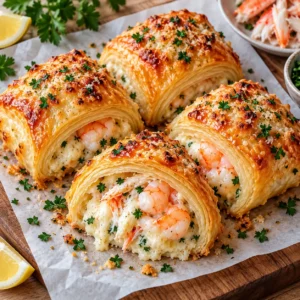 Golden flaky shrimp and crab cheese rolls arranged for a seafood recipe card.