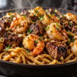 Garlic Butter Surf and Turf Noodles with juicy shrimp, seared steak and glossy garlic sauce.