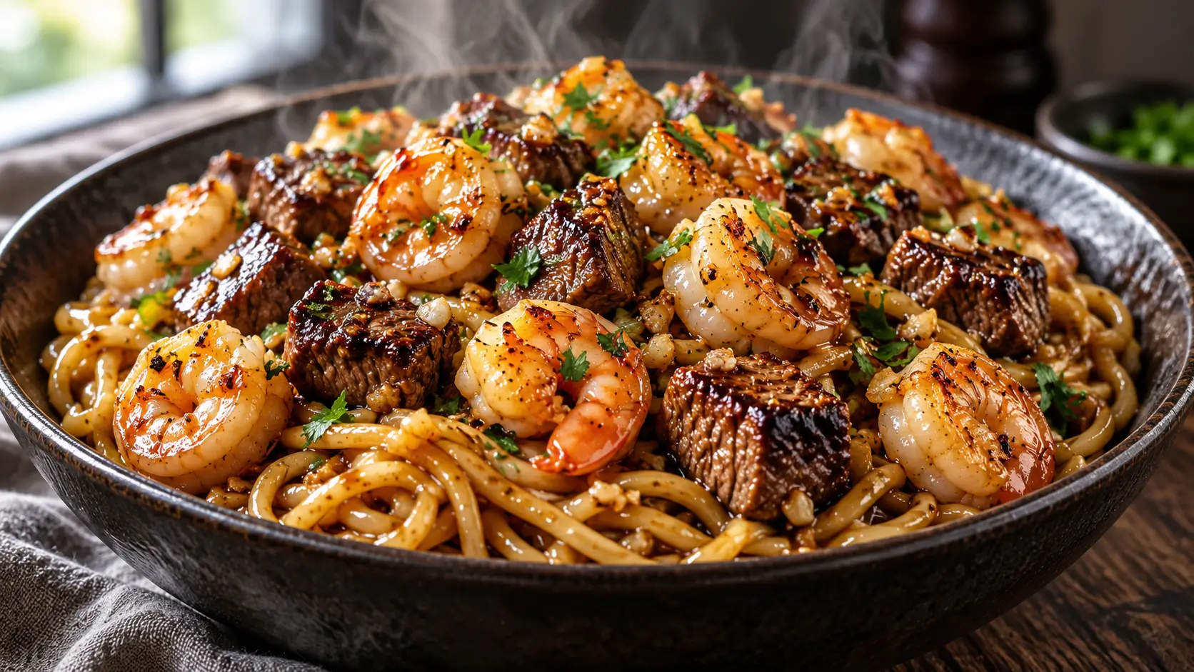 Garlic Butter Surf and Turf Noodles with juicy shrimp, seared steak and glossy garlic sauce.