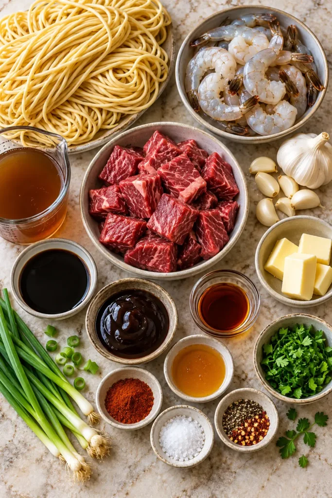 Ingredients arranged for Garlic Butter Surf and Turf Noodles with shrimp, steak, noodles and garlic sauce components.