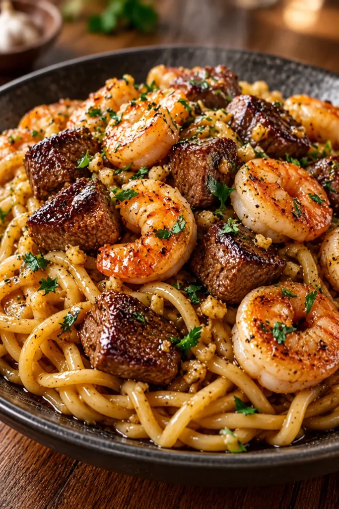 Plated Garlic Butter Surf and Turf Noodles topped with juicy shrimp and browned sirloin steak.