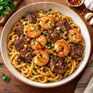 Overhead Garlic Butter Surf and Turf Noodles with shrimp and steak in glossy garlic butter sauce.