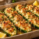 Garlicky Shrimp Zucchini Boats baked with mozzarella, Parmesan, parsley, and lemon wedges.