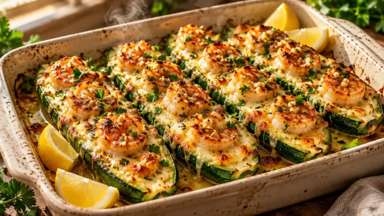 Garlicky Shrimp Zucchini Boats baked with mozzarella, Parmesan, parsley, and lemon wedges.