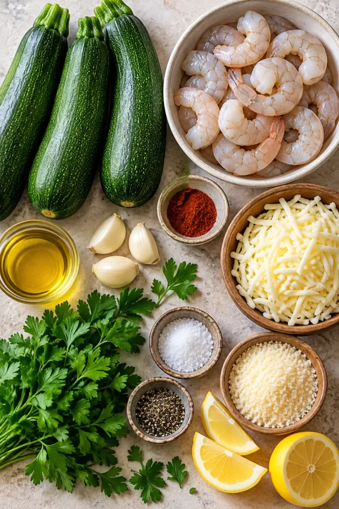 Fresh zucchini, raw shrimp, garlic, mozzarella, Parmesan, paprika, parsley, and lemon for Garlicky Shrimp Zucchini Boats.