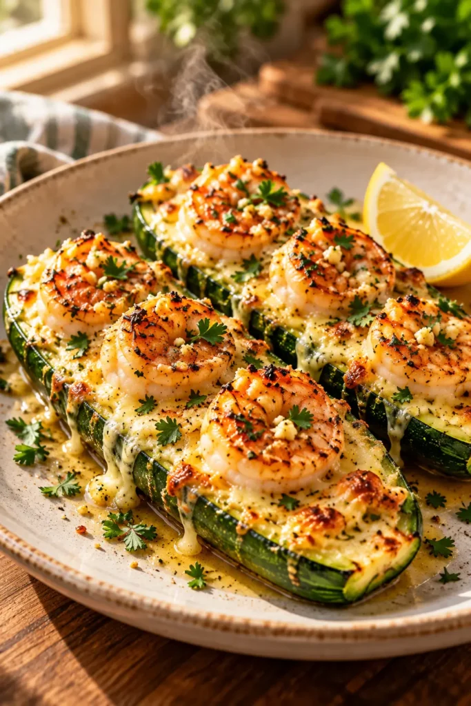 Plated Garlicky Shrimp Zucchini Boats with juicy shrimp, melted cheese, fresh parsley, and lemon.