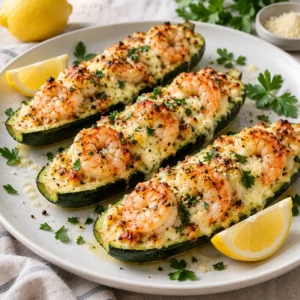 Square recipe card photograph of cheesy Garlicky Shrimp Zucchini Boats served with lemon.