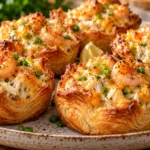 Golden Shrimp and Crab Croissant Cups filled with creamy seafood and melted cheddar.